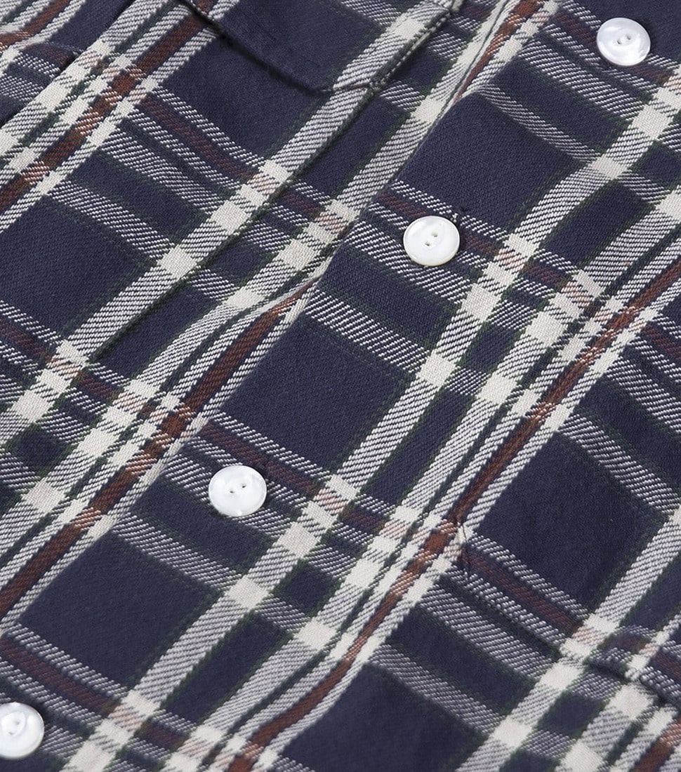 [DRAKE&#039;S]NAVY AND RED CHECK GARMENT WASHED COTTON TWO-POCKET WORK SHIRT&#039;NAVY/RED&#039;