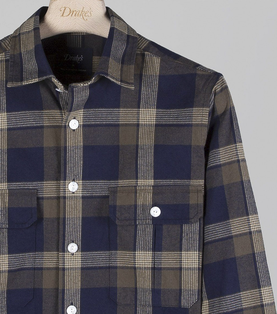 [DRAKE&#039;S]BLUE AND GREEN CHECK BRUSHED COTTON TWO-POCKET WORK SHIRT&#039;BLUE/GREEN&#039;