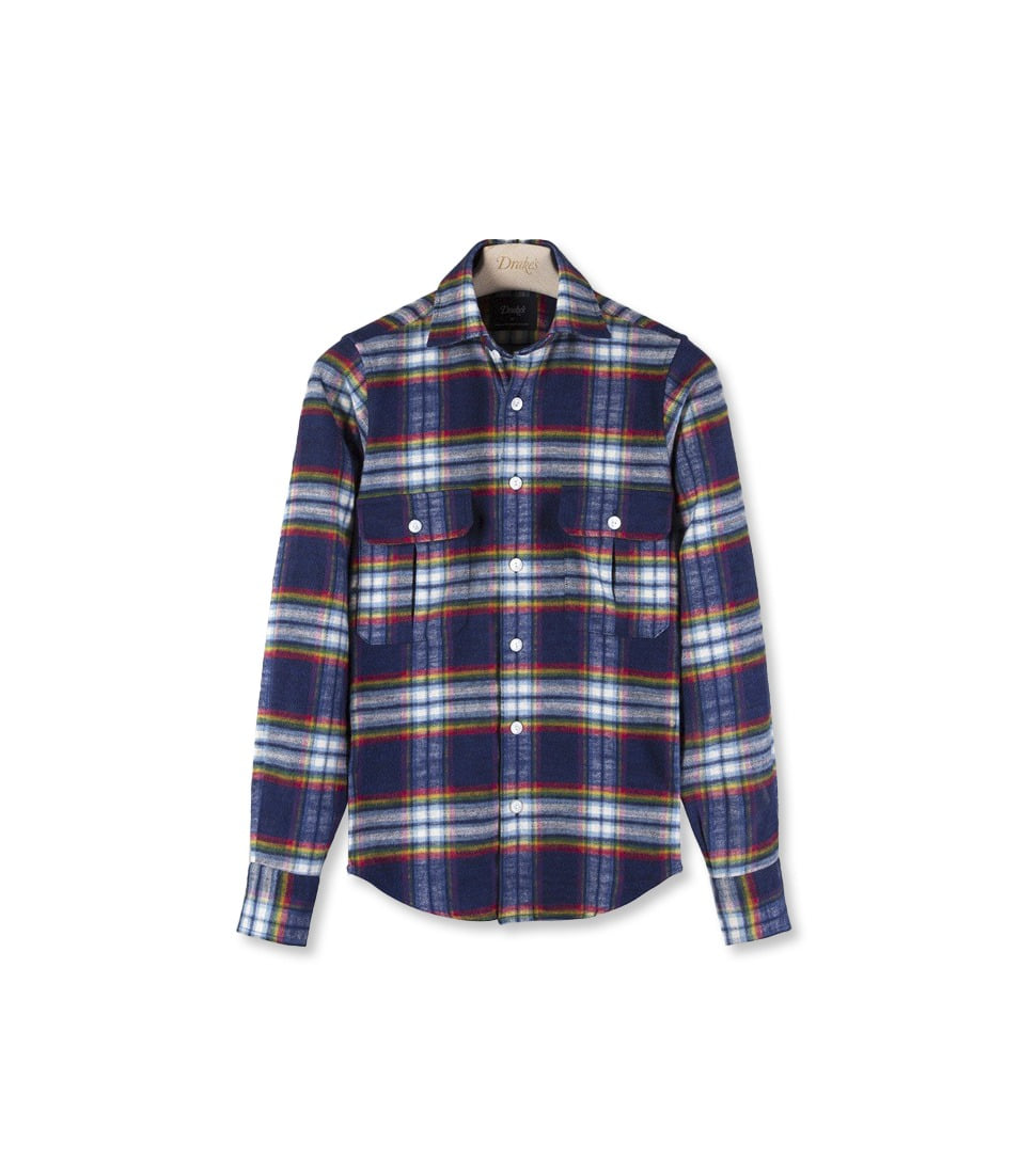 [DRAKE&#039;S]NAVY AND RED CHECK BRUSHED COTTON TWO-POCKET WORK SHIRT&#039;NAVY/RED&#039;