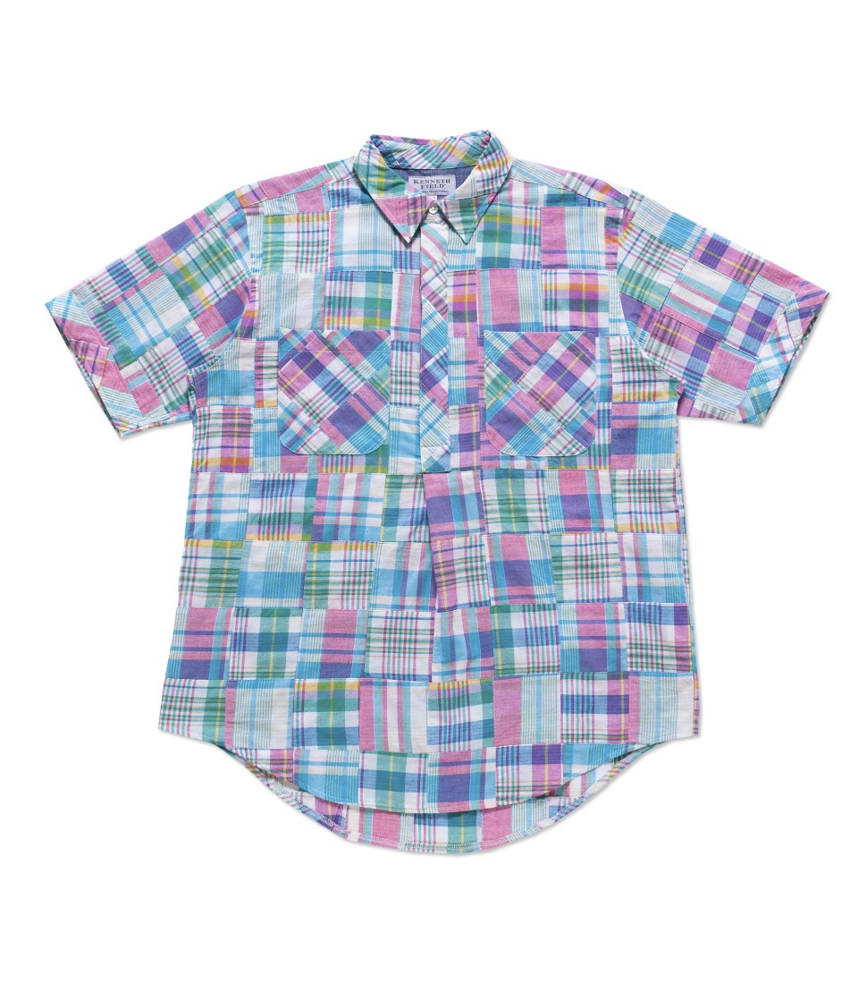 [KENNETH FIELD] S/S ROOMY SHIRTS PATCH MADRAS &#039;PINK/SKY&#039;