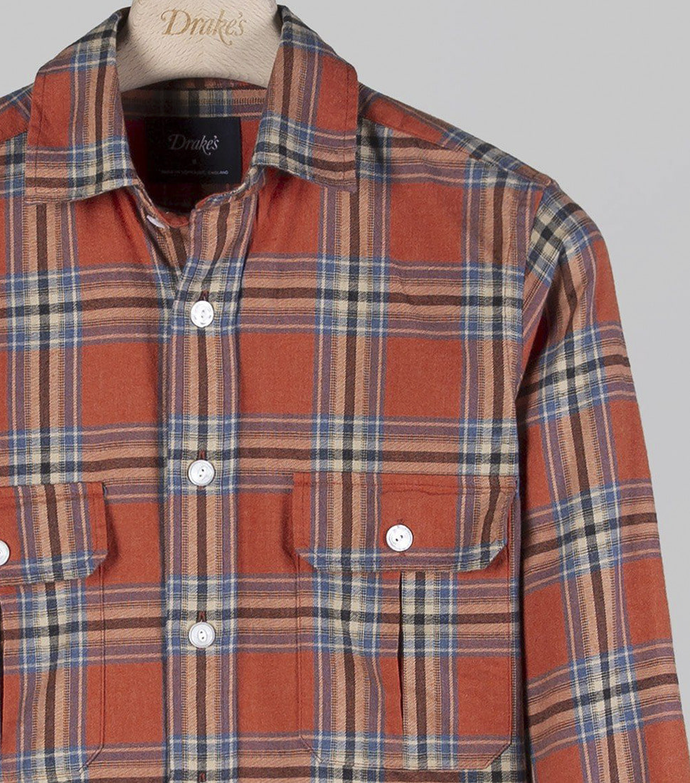 [DRAKE&#039;S]RED AND BLUE CHECK COTTON ACETATE TWILL TWO-POCKET WORK SHIRT&#039;RED/BLUE&#039;