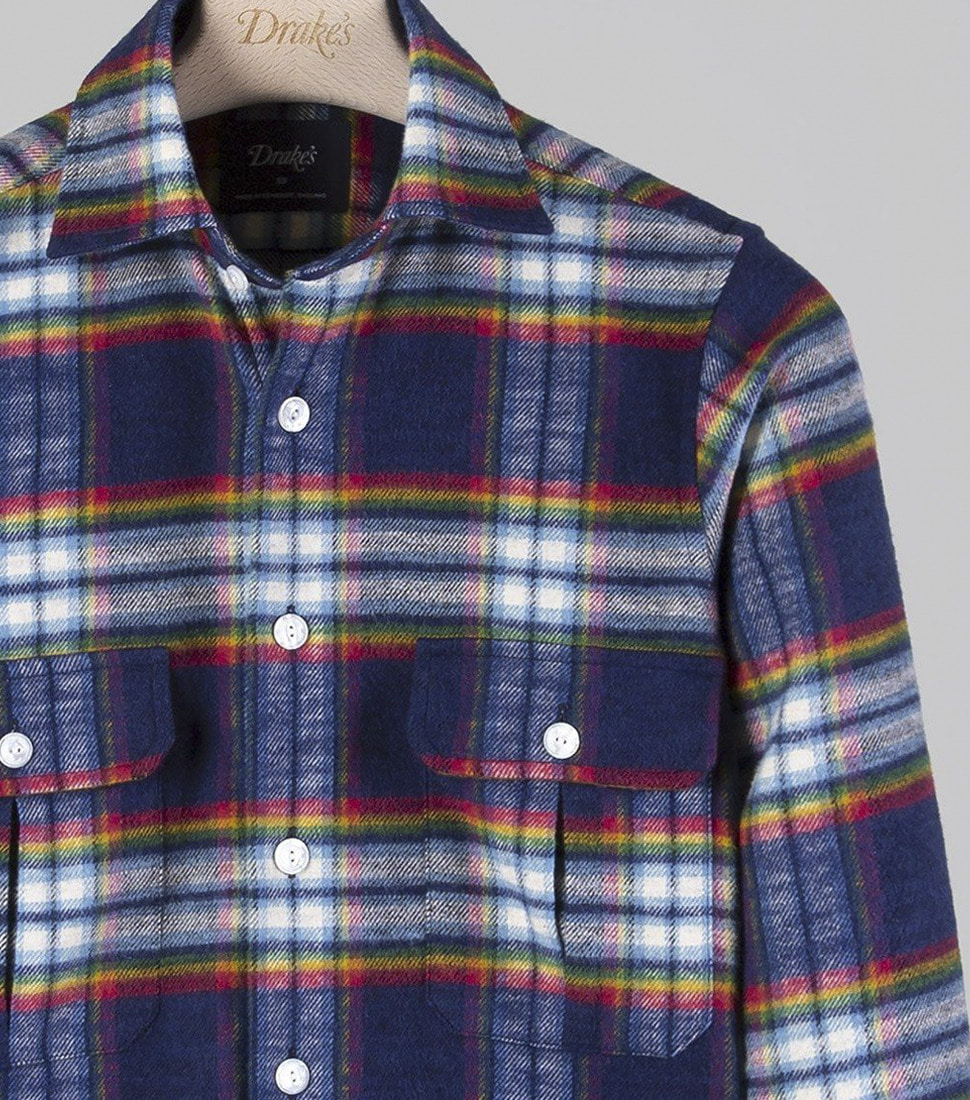[DRAKE&#039;S]NAVY AND RED CHECK BRUSHED COTTON TWO-POCKET WORK SHIRT&#039;NAVY/RED&#039;