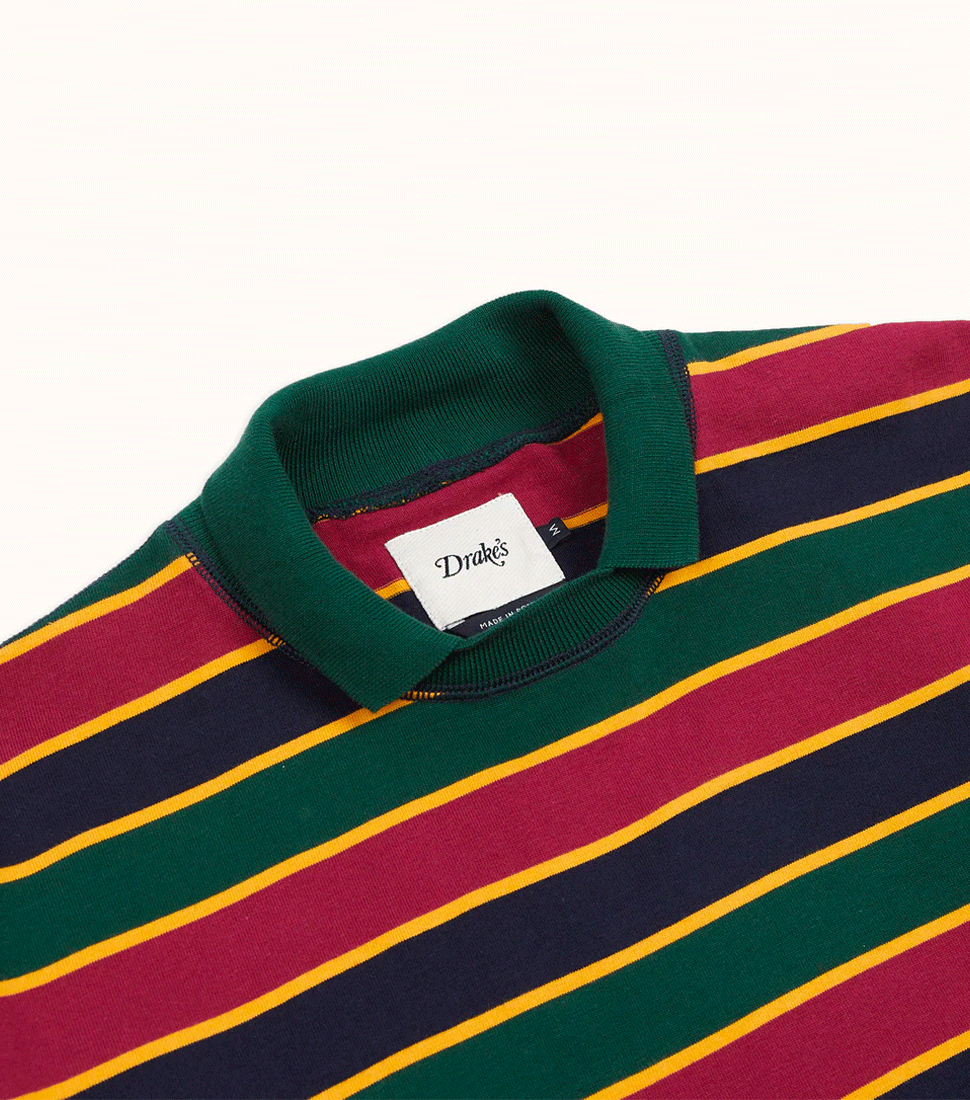 [DRAKE&#039;S]MOCK NECK LS THIN STRIPE RUGBY SHIRT&#039;RED/GREEN/NAVY&#039;