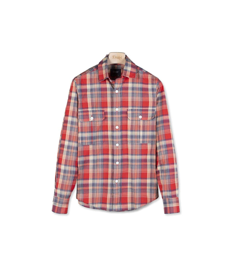 [DRAKE&#039;S] RED AND YELLOW CHECK COTTON TWO-POCKET WORK SHIRT &#039;REDxYELLOW&#039;