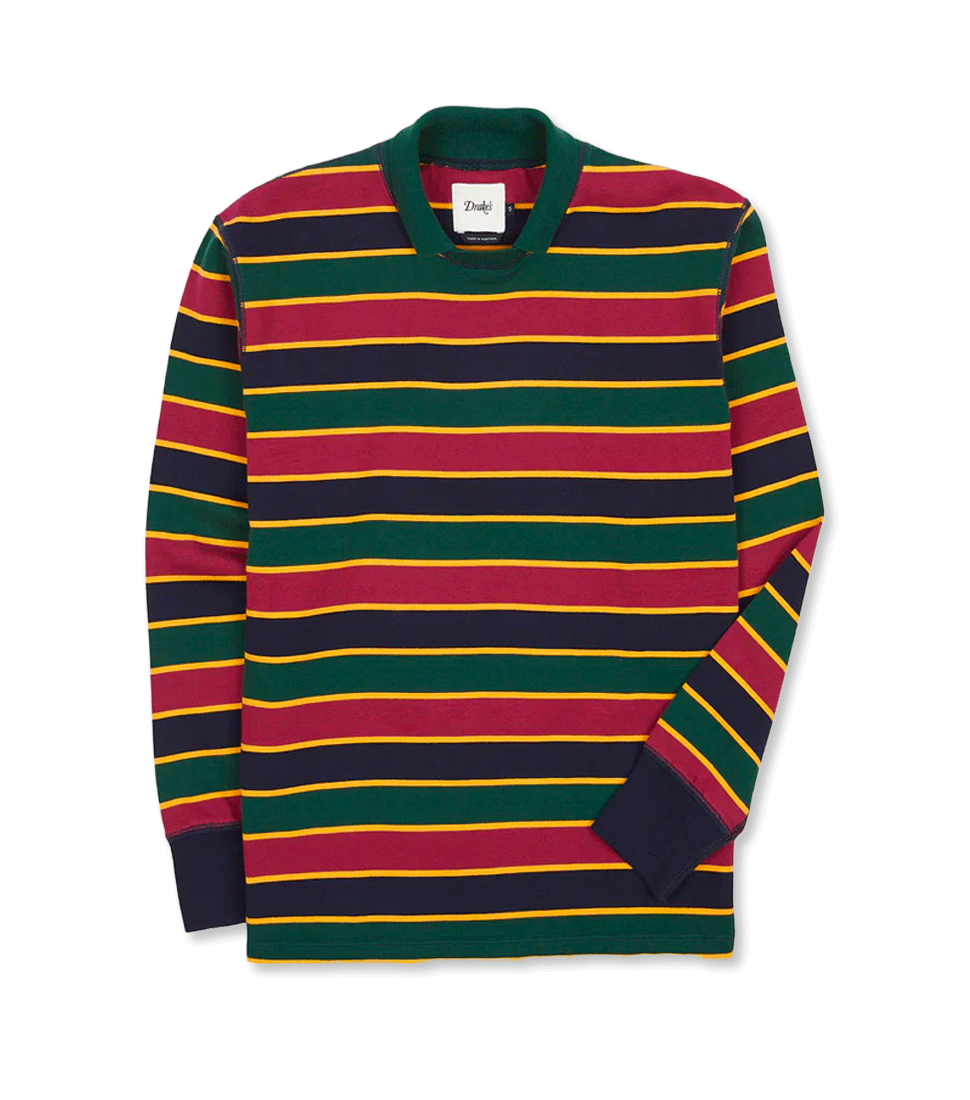 [DRAKE&#039;S]MOCK NECK LS THIN STRIPE RUGBY SHIRT&#039;RED/GREEN/NAVY&#039;